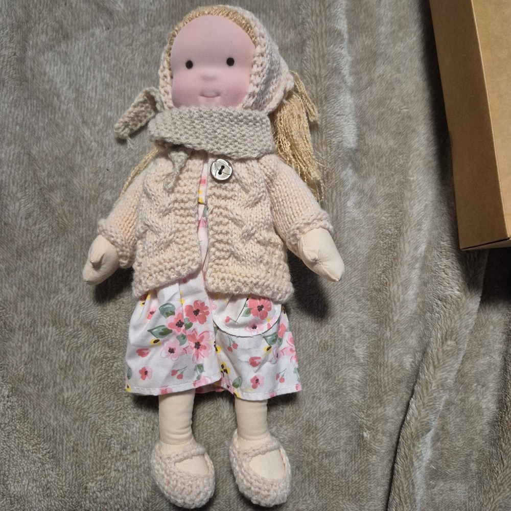 Evgeniya Elizarova Handmade Cloth Doll Waldorf Style Floral Dress Knit Cardigan